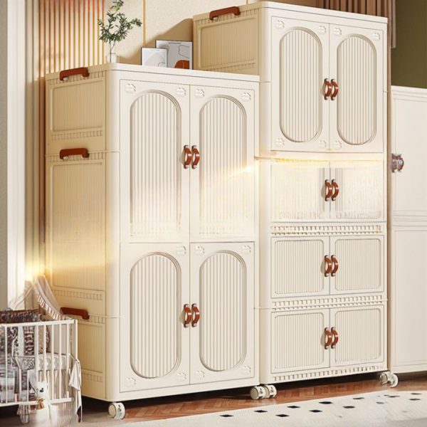 "White Polymer Children's Wardrobe with Shelf, Clothing Rod, and Multiple Doors"