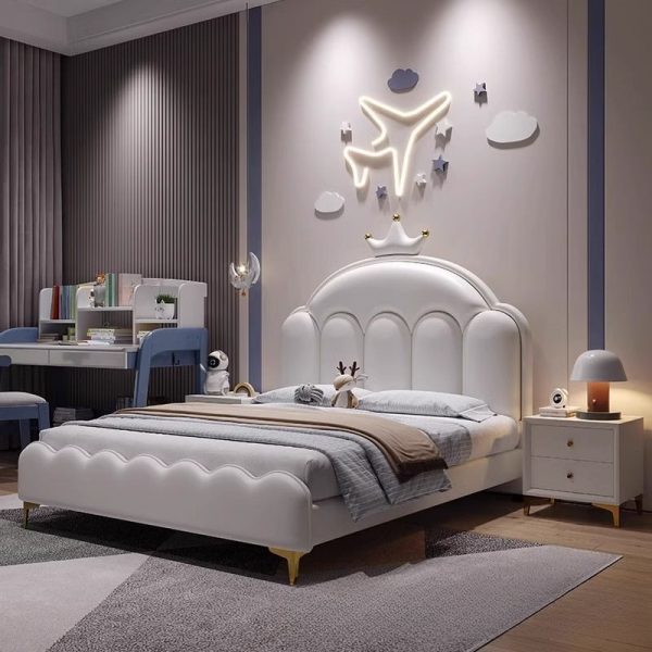 "White Casual Lumber Standard Children Bed with PU Leather Upholstery, Coir-Filled Mattress & Headboard, Gender Neutral"