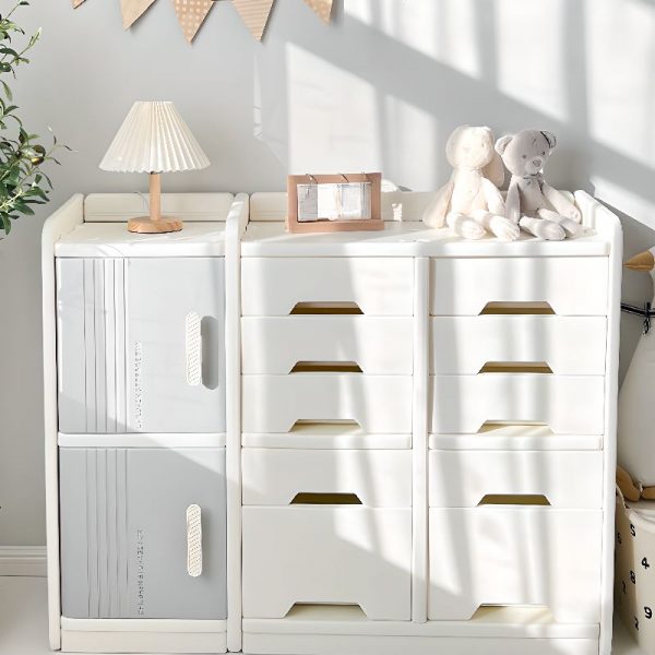 "Chalk Polymerized Material Scratch-shielded Horizontal Standard Children's Bookshelf with 10 Drawers, 3 Shelves, 4 Doors/2 Doors"