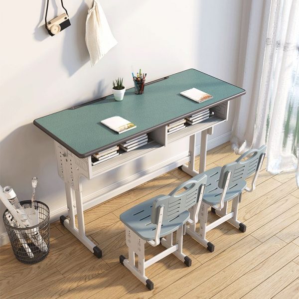 "Green/Wood Color/Azure Composite Wood Multi-levelled Children Computer Desk Alloy with Stockroom, Shelf"