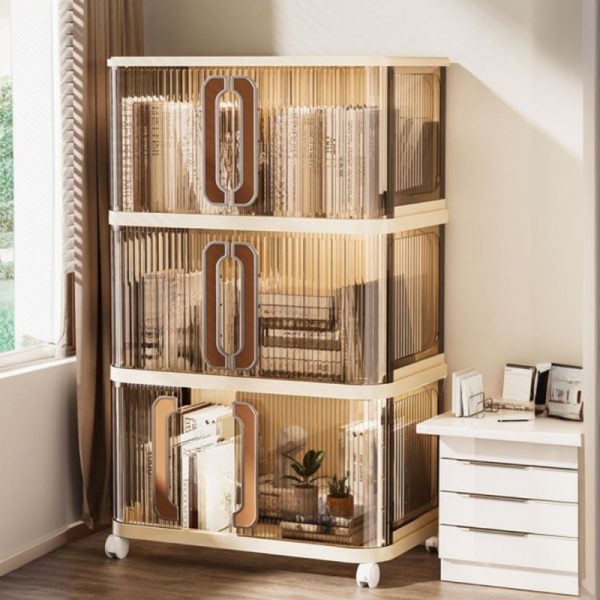 "Rotating Standard Children's Bookshelf with Swivel Wheels, Multiple Shelves (3/4/5), Synthetic Material, Stain Resistant, 10/8/6 Doors, Closed Back"
