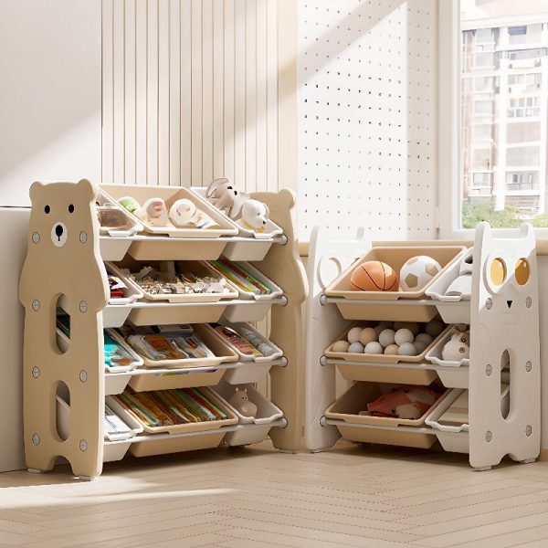 "Art Deco Polymer Compound Standard Kids Bookshelf with Animals Theme, Vertical/Horizontal Orientation, Open Back, Standalone"