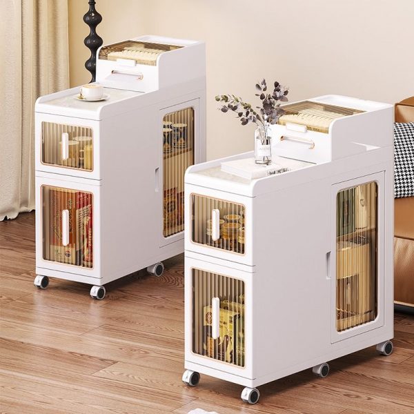 "Rotating Standard Kids Bookshelf with 2 Drawers, 2 Shelves, Synthetic Material, 2 Doors, Locking Casters, and Double-sided Design"