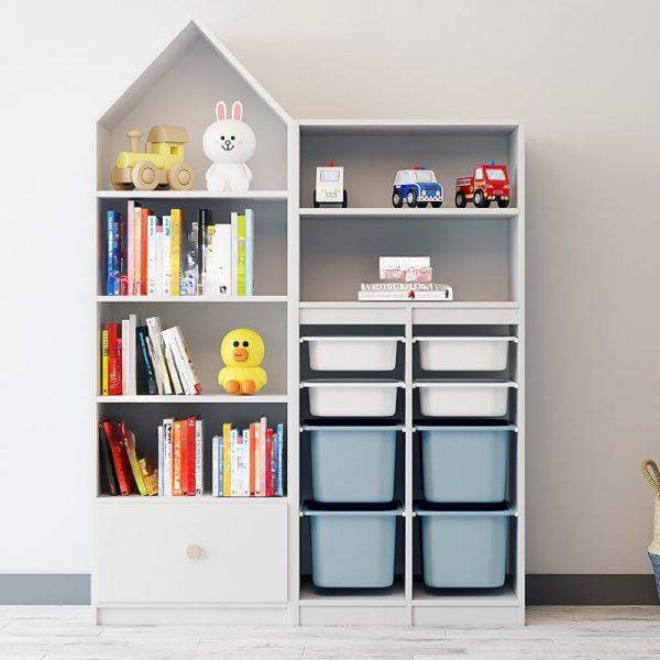 "Standard Children's Bookshelf with Compartment Drawers, 3/2 Shelves, Vertical Timber, Closed Back, Unattached"