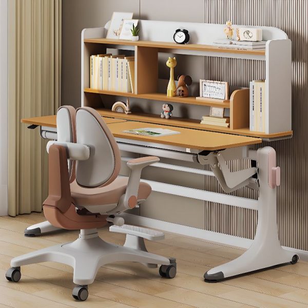 "Ergonomic Children Computer Desk with Chair, Wood Grain Table Top, 1 Drawer, 3 Shelves, and Rolltop Desk Hutch"