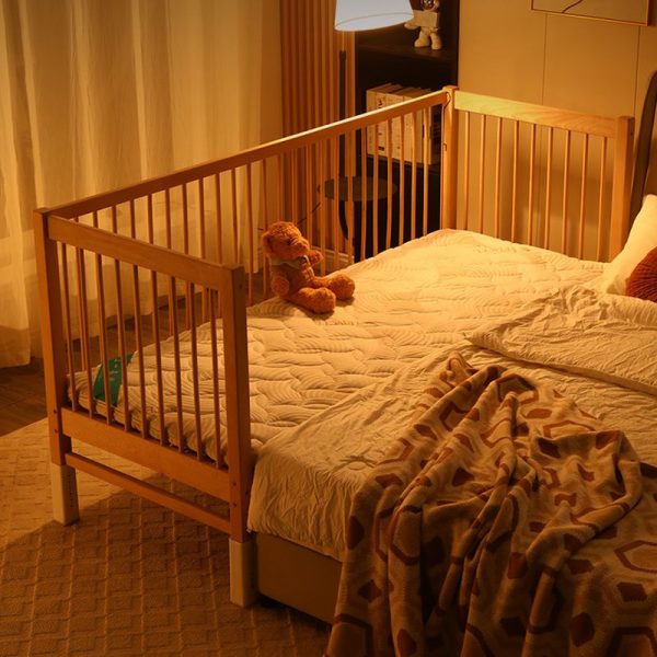 "Art Deco Platform Standard Children Bed in Natural Wood, Natural Finish, Gender Neutral, Surrounding Guardrail"