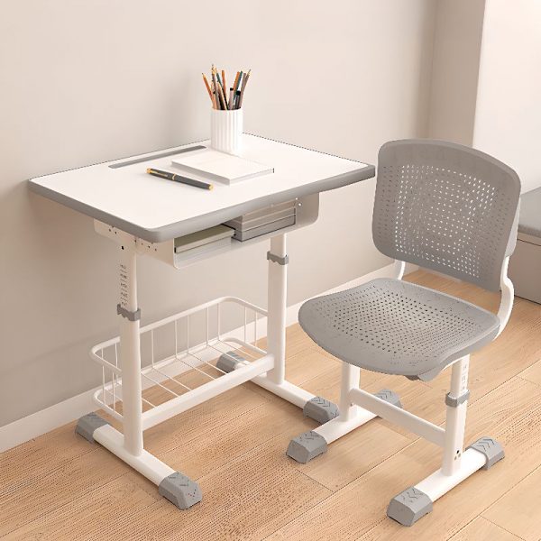 "White/Azure/Wood Grain Lumber Kids Computer Desk with Alloy Legs, Moves Up and Down, Water-resistant, Shelf and Container Storage"