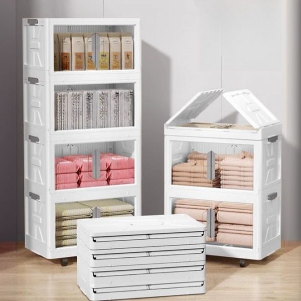 "White Pop-Up Foldable Standard Kids Bookshelf with Wheels, 6 Shelves, Polymer Compound, 5 Doors, Scratch-repellent"