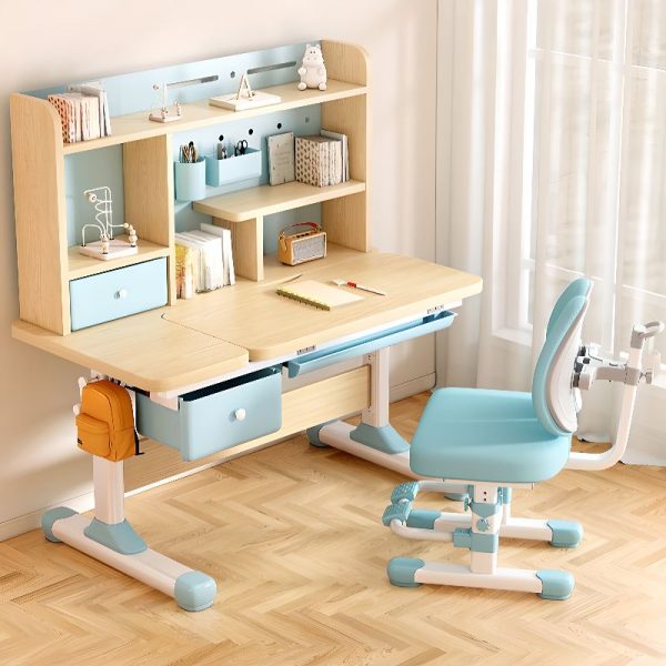 "Adaptable Height Natural Finish Timber Kids Computer Desk with Damp-proof Locker, Shelf, and Hutch"