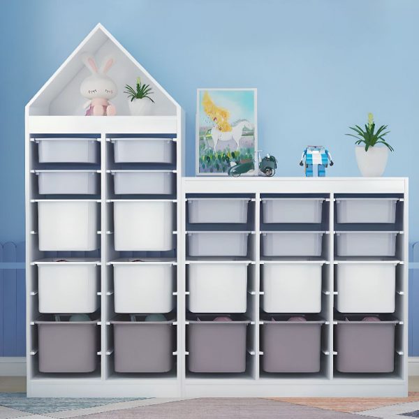 "Bleached Wood Standard Kids Bookshelf with Multiple Bins (12/8/18), Horizontal/Vertical, Scratch-tolerant, Wood, Tipover Restraint Device, Horizontal Shelf"