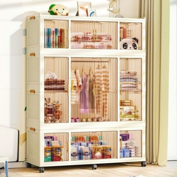 "Beige Kids Wardrobe with Polymerized Material, Shelf, Clothing Rod, and Door"