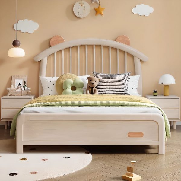 "Cream Minimalist Standard Children Bed with Animals Theme, Natural Wood, Headboard for Gender Neutral"