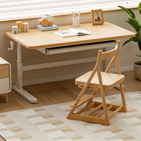 "Adaptable Height Natural Timber Kids Computer Desk with Compartment"