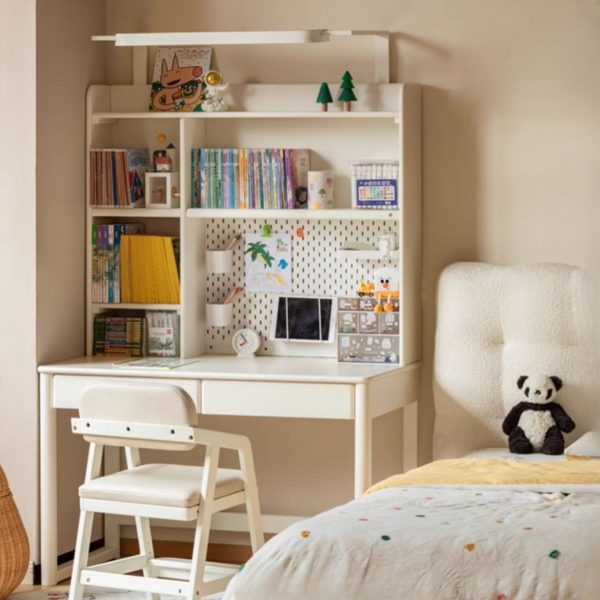 "Chalk Wood Children Computer Desk with Wooden Legs, Storage, and Compartment Drawer"