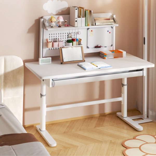 "White Lumber Kids Computer Desk, Moves Up and Down, Water-resistant with Container Storage"