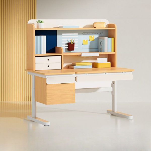"Adaptable Height Natural Finish Kids Computer Desk with Locker, Shelf, Compartment, Hutch, and Ergonomic Design"