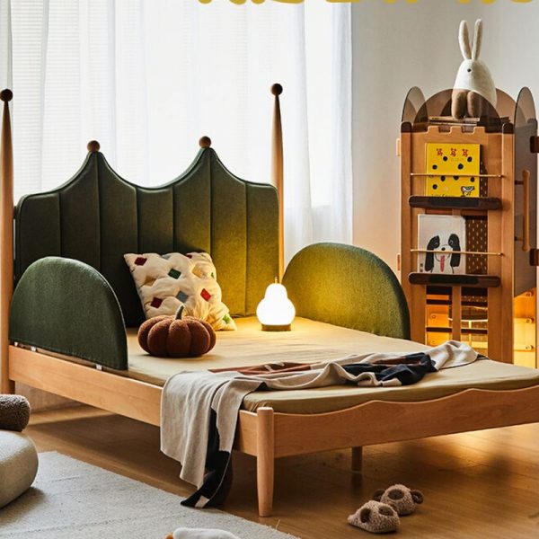 "Timber Standard Children Bed with Polyester Blend Upholstery, Panel Headboard, Coir Mattress, Detachable Guardrails, Gender Neutral"