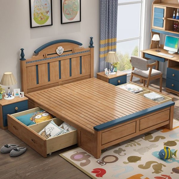 "Trendy Brown/Cream Timber Standard Children Bed with 2 Drawers, Headboard, & Underbed Storage, Gender Neutral"