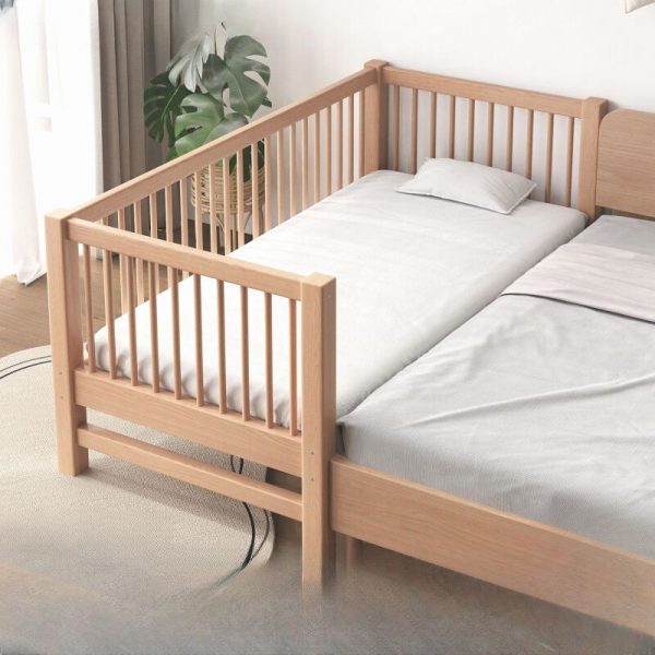 "Natural Finish Art Deco Style Standard Kids Bed in Natural Wood with Guardrail for Gender Neutral Use"