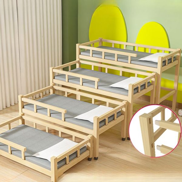 "Art Deco Neutral Natural Wood Standard Kids Bed with Guardrail for Gender Neutral"