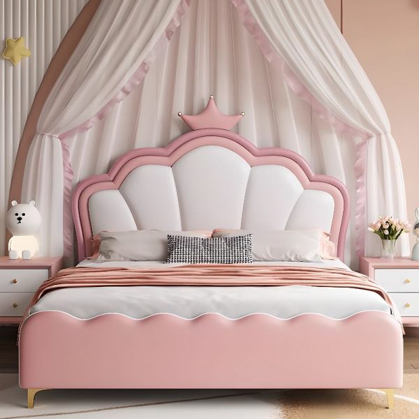 "Elegant Rose Lumber Princess-Themed Standard Children Bed with PU Leather Headboard and Coir Mattress for Girls"