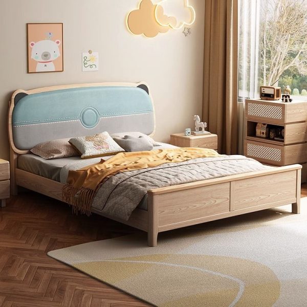 "Gender Neutral Casual Natural Color Lumber Standard Children Bed with Pu Leather Upholstery and Headboard"