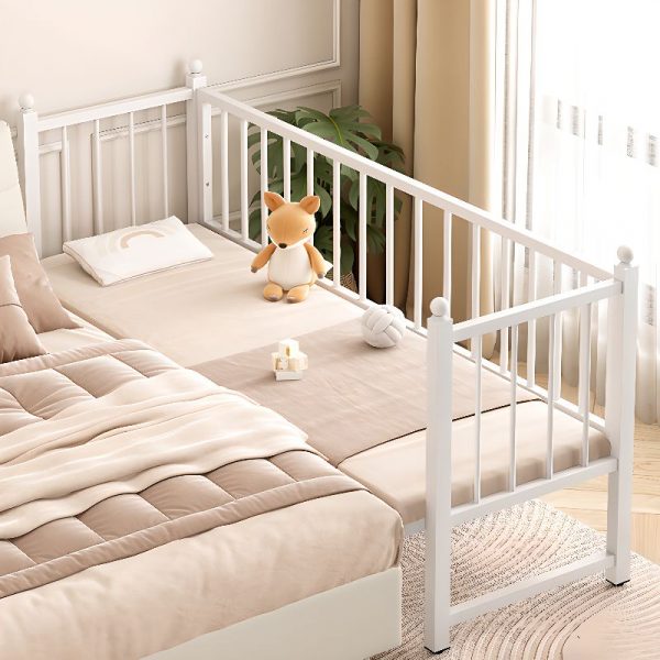 "Contemporary Iron Panel Standard Children Bed with Coir Mattress and Neutral Gender Guardrail"