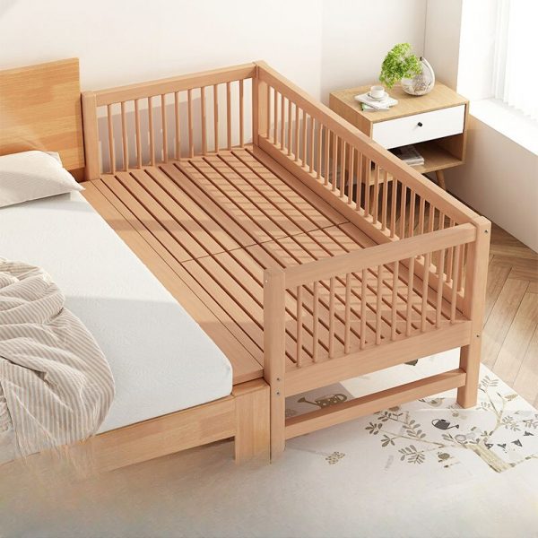 "Wood Grain Contemporary Lumber Standard Kids Bed with Headboard and Gender Neutral Guardrail"