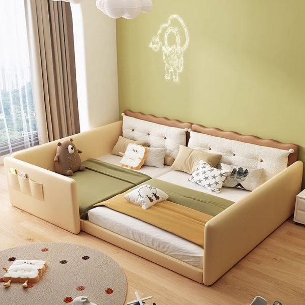 "Simplistic Timber Platform Cocoa Artificial Leather Standard Kids Bed with Headboard, Detachable Guardrails"