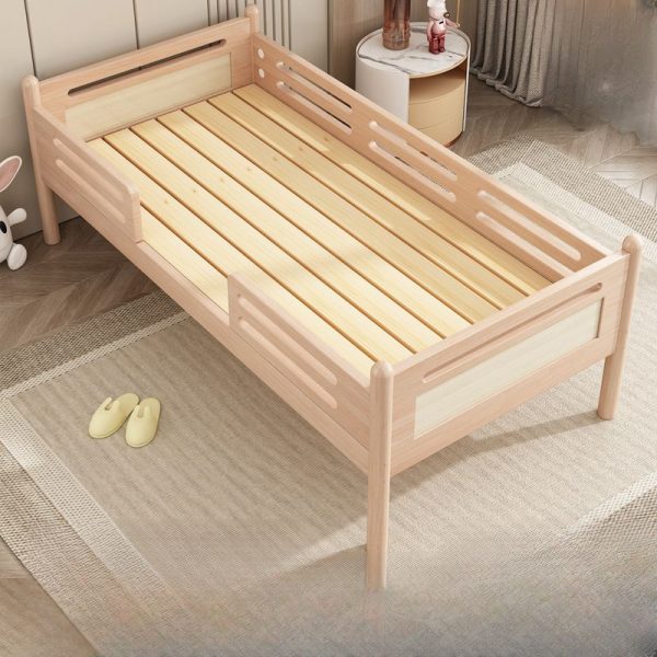 "Wood Grain Simplistic Timber Standard Children Bed with Gender-Neutral Guardrail"