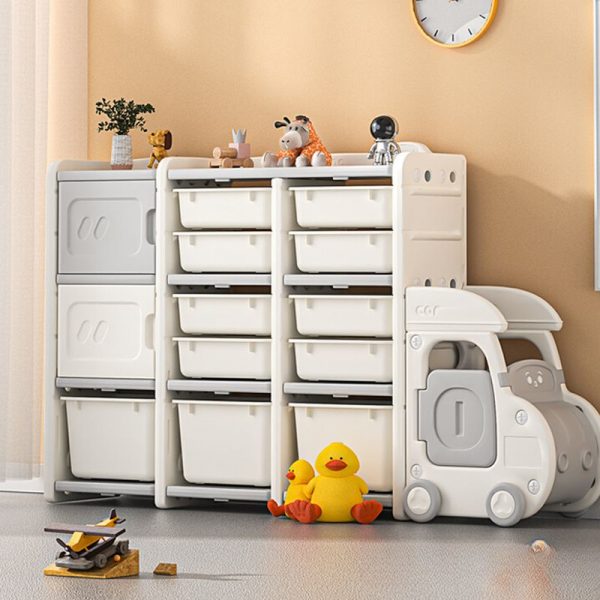 "White Plastic Horizontal Free Standing Standard Children's Bookshelf Open Back with Articulated Door, 4 Shelves/3 Shelves"
