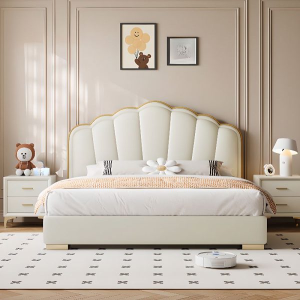 "Ivory Gender Neutral Wood Lift Up Storage Children Bed with Receptacle, Faux Leather Headboard, Coir"