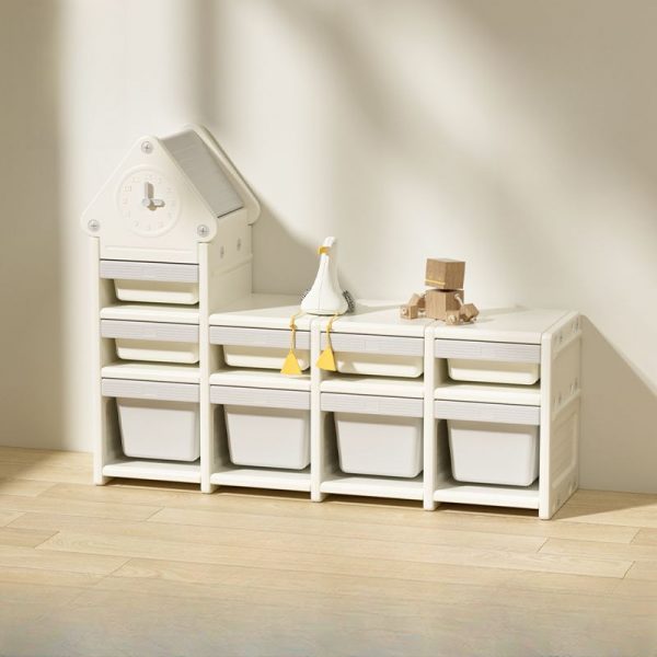 "Chalk Synthetic Material Horizontal Self-supporting Standard Kids Bookshelf Closed Back with 3 Shelves, 4 Boxes/6 Bins/7 Bins"