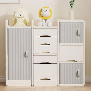 "Gray Standard Kids Bookshelf with 10/5 Drawers, 2 Shelves, Horizontal/Vertical Orientation, Polymerized Material, Hinged Door, Scratch-tolerant"
