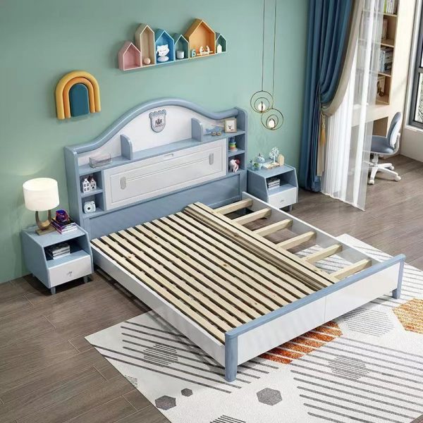 "2 Drawers Simplistic Azure Lumber Pull-out Storage Children Bed with Footboard, Headboard, Coir"