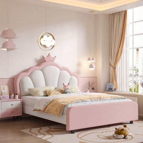 "Pink Princess Timber Standard Kids Bed Girl/ Woman+ with Faux Leather Headboard, Coir"