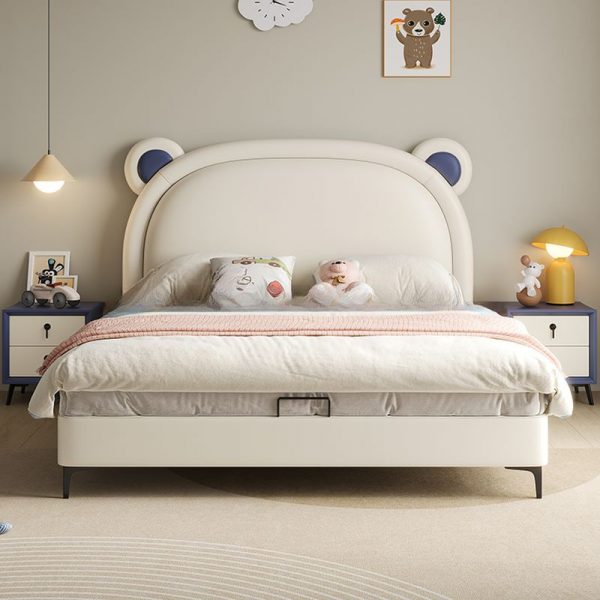 "Ivory Animals Timber Panel Genuine Leather Standard Children Bed with Headboard, Coir"