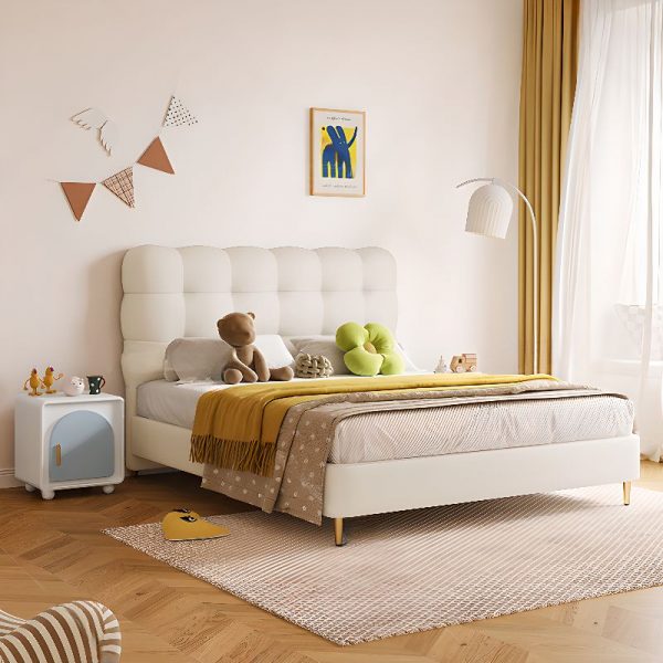 "Art Deco Platform Standard Children Bed in Natural Wood with Chalky Tone, Tuft Headboard, Sponge Fill, Gender Neutral"