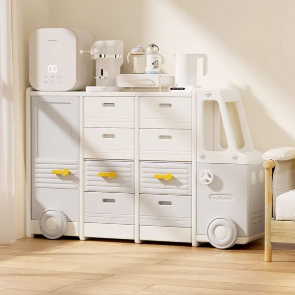 "White Standard Kids Bookshelf with 8 Drawers, 2 Shelves, Horizontal Orientation, Polymer Shelves, Articulated Door, and Double-sided"
