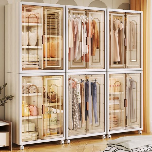"Beige Children Armoire with Polymer Compound, Clothing Rod, and Door"