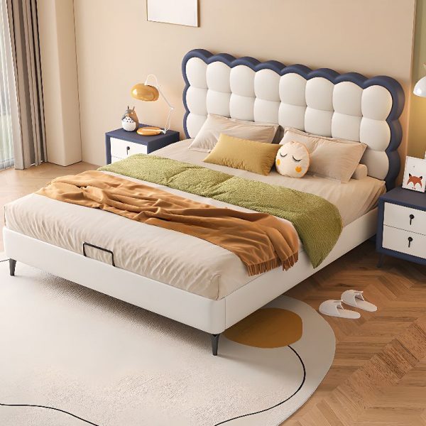 "Cream Art Deco Lumber Standard Children Bed with Cotton Upholstery, Coir Mattress & Headboard for Gender Neutral"