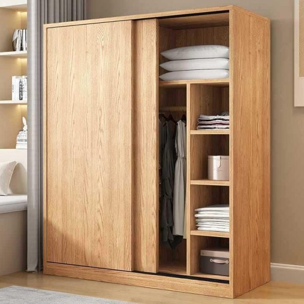 "Engineered Wood Sand-Tone Children Armoire with Shelf, Clothing Rod, and Door"