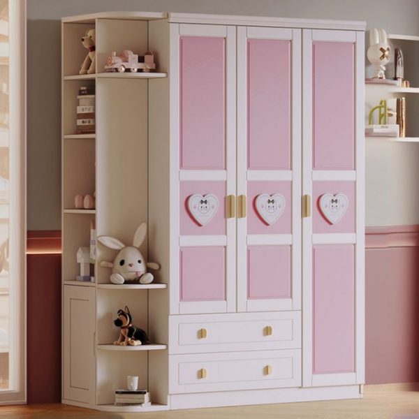 "Peony Rubberwood Children's Wardrobe with Animal Theme, Shelf, Drawer, Clothing Rod, and Door"