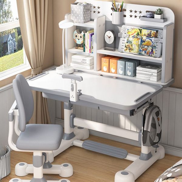"Adaptable Height Rainproof Ivory Kids Computer Desk with Chair, Storage, Shelf, and Hutch"
