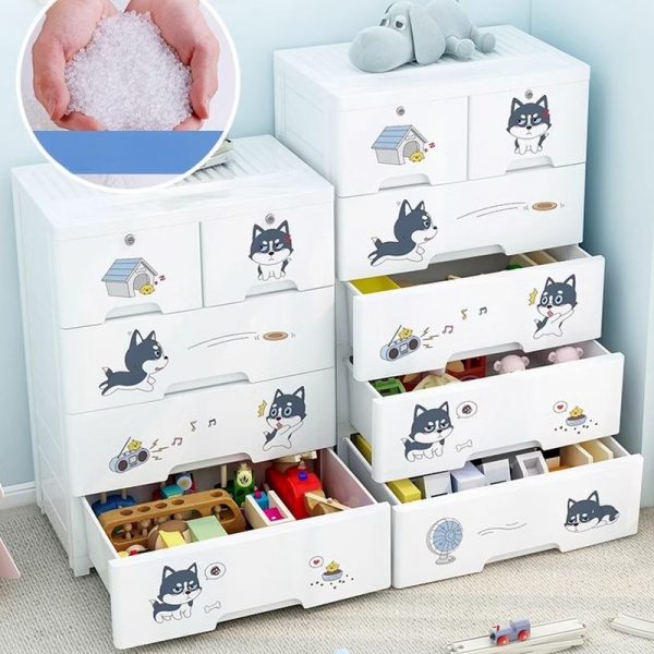 "White Polymer Compound Children Armoire with Animal Theme and Compartment Drawers"
