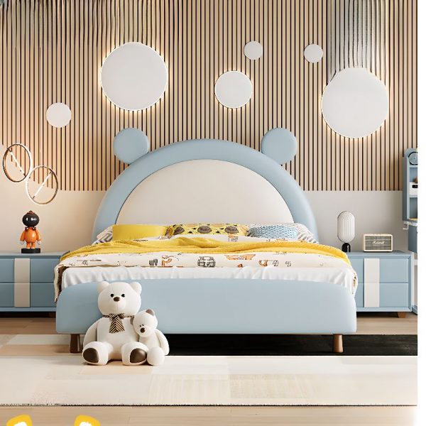 "Cerulean Modish Lumber Standard Children Bed Featuring Animals Theme, PU Leather Upholstery, and Headboard for Gender Neutral"
