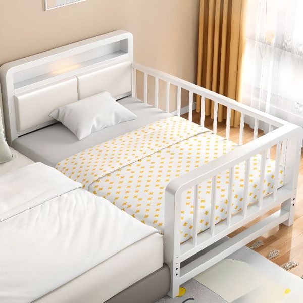 "Modern Alloy Gender Neutral Pu Leather Standard Children Bed with Headboard, Detachable Guardrails"