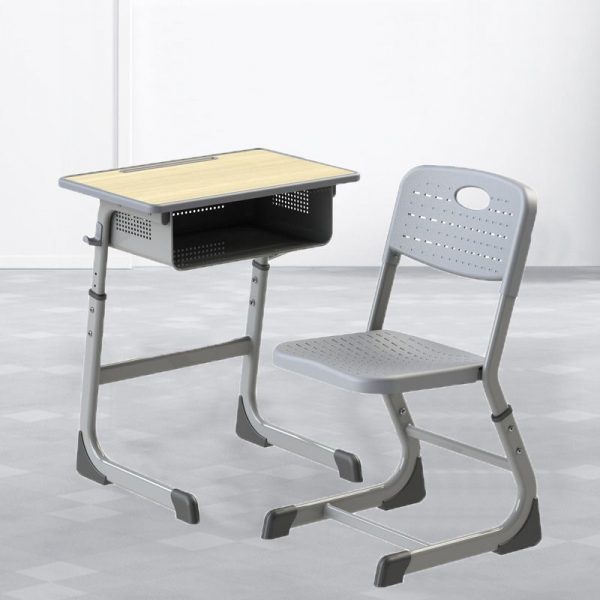 "Kids Computer Desk with Adjustable Height, Damp-proof, Wood Top, Chair, Natural Finish, Locker Storage, and Shelf"