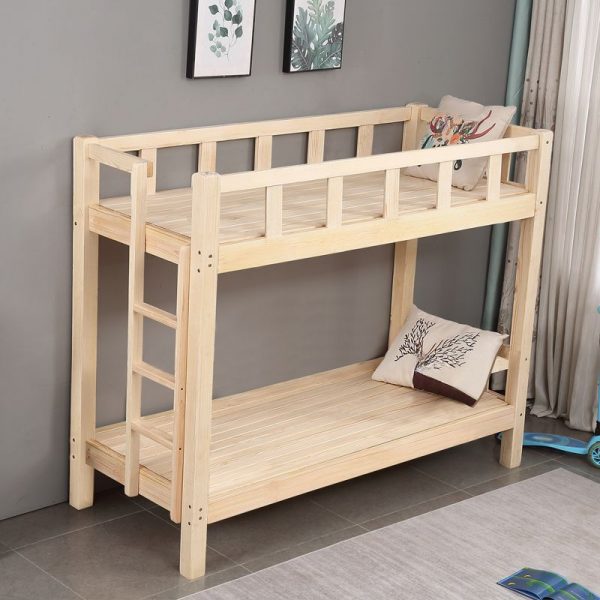 "Art Deco Natural Wood Bunk Children's Bed with Neutral Wood Tone, Built-In Ladder & Guardrail, Gender Neutral"