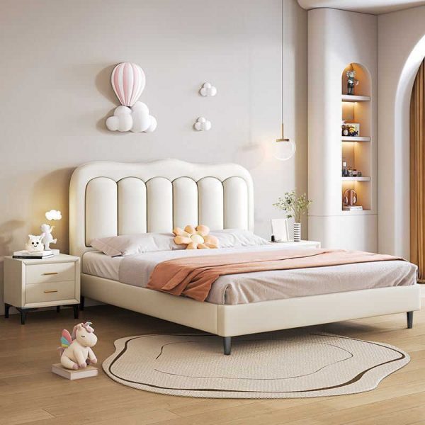 "White Art Deco Timber Standard Children Bed with Vinyl Leather Headboard, Coir Mattress, Gender Neutral"